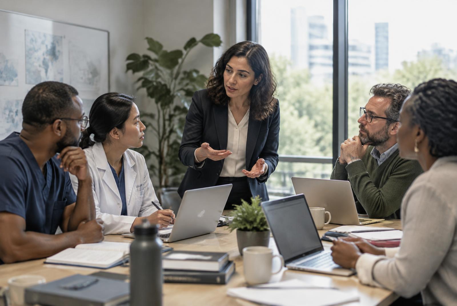 Professionals collaborating during an AI training workshop